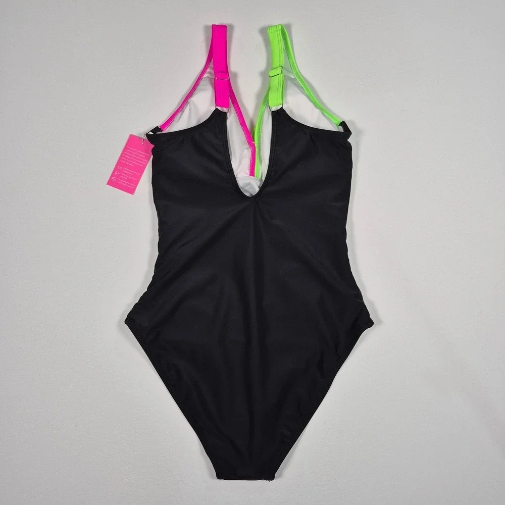Holipick Neon Black Pink Green V-Neck Tummy Control One Piece Swimsuit Small NWT